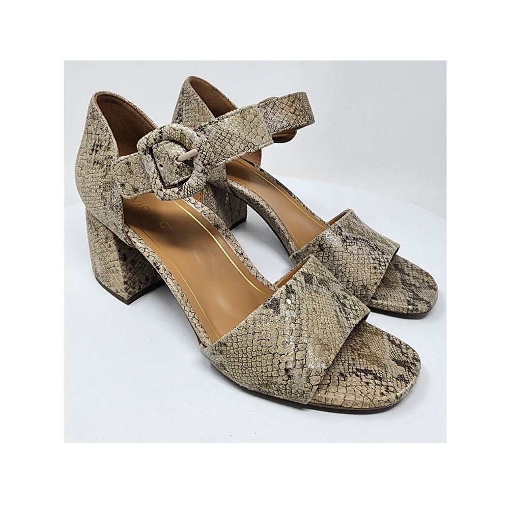 Vionic Chardonnay Sandals Size 8.5M Snake Emboss Tan Leather Open Toe Block Heel